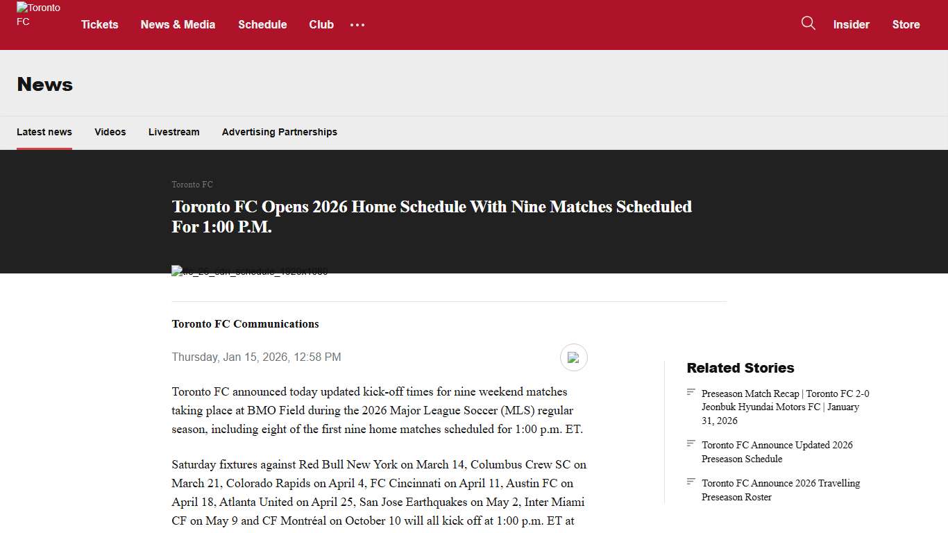 Toronto FC Opens 2026 Home Schedule With Nine Matches Scheduled For 1:00 P.M. Toronto FC